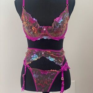 Honey Birdette Whiney Rainbow 3 piece set with stockings